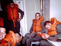 Safety Drill - "Duke" Pond (L), Ken Boone (in rear), "Stoney" Gravelle, "can't  remember", Cecil Gardner.