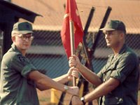 Alpha Battery Change of Command, 6/27th Arty BN Comander, LTC Leonard Reed (Right), and Captain Don Albers, new Alpha Btry Ccomander -  November, 1969.